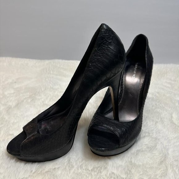 Via Spiga Shoes - Via Spiga Elora Pumps Medium Black Leather Snake Open Peep Toes Size 10 women